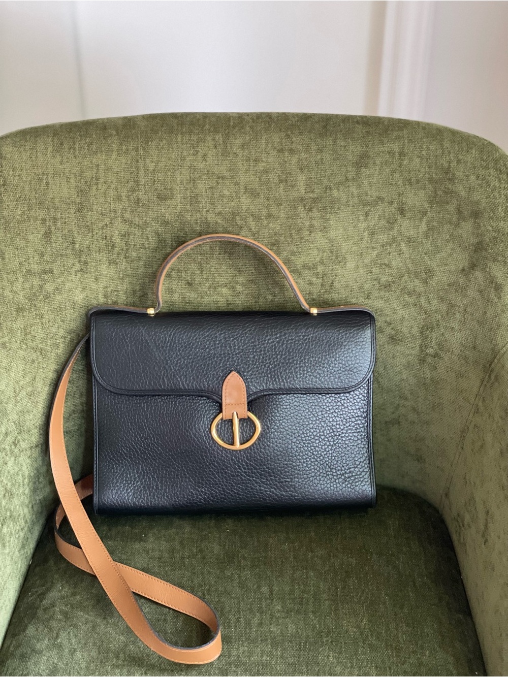 Dior Black Pebbled Leather Satchel with Tan Trim and Gold Hardware